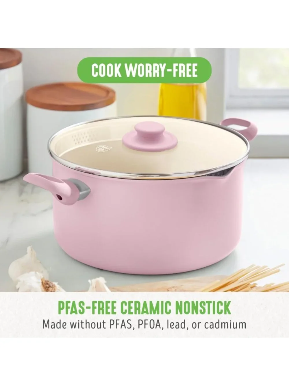 Ceramic Nonstick 6QT Stockpot with Glass Lid, PFAS-Free, Dishwasher Safe, Pink